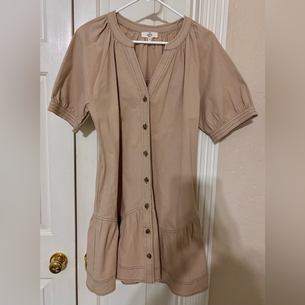 Entro Beige Button-Down Midi Dress